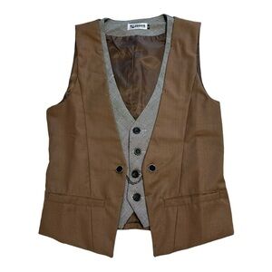 JBOOM Men's Brown & Grey Plaid Faux 2-Piece Vest Slim Fit Waistcoat Wedding Med